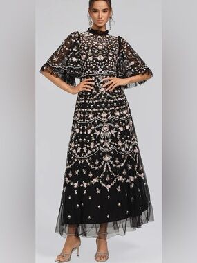 RICH RADI Q’S Embroidered Floral Ruffled Tulle Dress beaded luxury Sz M NWT